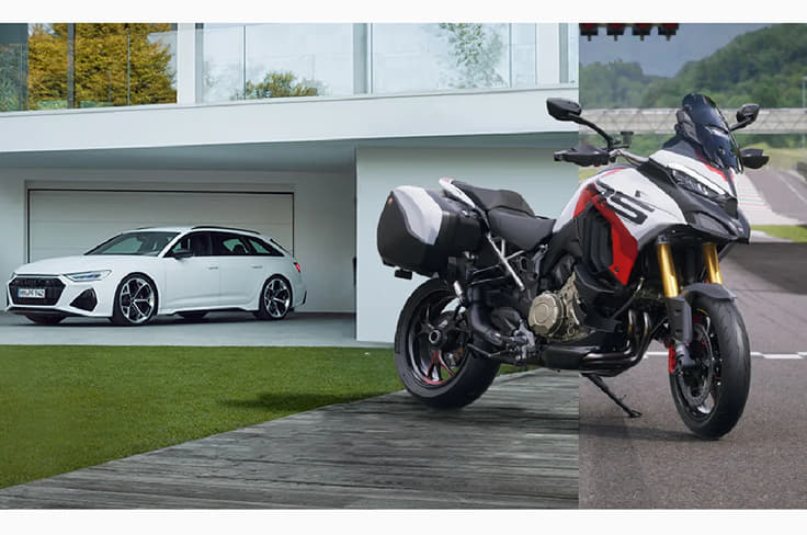 The Multistrada V4 RS uses high-quality materials such as carbon fibre parts, a titanium subframe, and Marchesini forged wheels Ducati Multistrada V4 RS front three quarter
